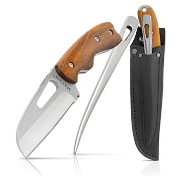 Maxam 8.5" Rigging Knife with Marlinspike - Full-Tang German Stainless Steel Fixed Blade Knife, Teak Wood Handle - Sailor's Marlin Spike Knife Kit with Leather Sheath