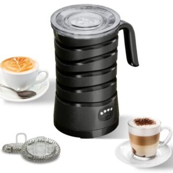 Milk Frother for Coffee, 4 IN 1 Electric Milk Steamer Warmer with Two Whisks for Heating and Frothing Milk, Auto Shut-Off Foam Maker for Latte, Cappuccinos, Macchiato (Black)