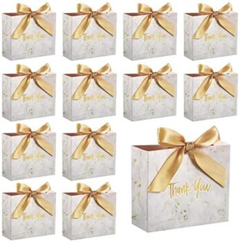 Mimorou 80 Pack Small Thank You Gift Bags Marble Pattern Party Favor Bag with Champagne Gold Bow Ribbon 4.53 x 1.77 3.94 Inch Wedding Mini Goodie for Adults Paper Wrap