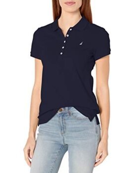 Nautica Women's 5-Button Short Sleeve Breathable 100% Cotton Polo Shirt, Navy, Medium
