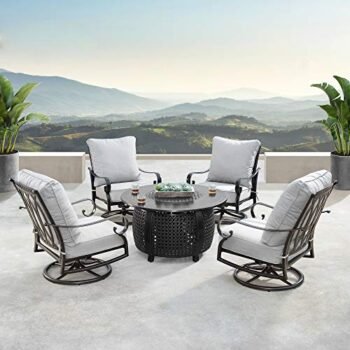 Oakland Living AZRICA-CLIFF-5PC-AC Aluminum 44 in. Round Table Four Deep Seating Swivel Rockers, Fire Beads, Lid and Fabric Covers Patio Furniture Set, Antique Copper