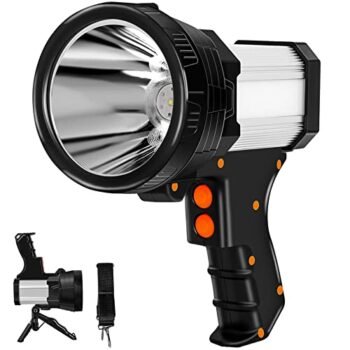 Samyoung Spotlight 120000 Lumen Super Bright, 10000 mAh 30 Hours LED Rechargeable Flashlights, IP65 Waterproof Rechargeable Spotlight Come with Collapsible Tripod & Strip for Hunting Boat Camping