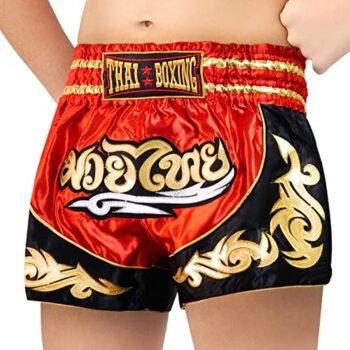 SIAMKICK Youth Muay Thai Shorts for Kids (4 Years - 10 Years) Boxing Kickboxing MMA Training Trunk for Boys and Girls (Red Bodhi, Medium)