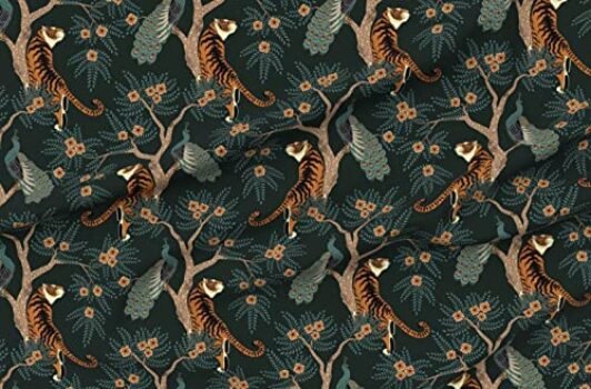 Spoonflower Fabric - Tiger Peacock Bird Asian Flowers Floral Chinese Tree Dark Printed on Upholstery Velvet Fabric by The Yard - Upholstery Home Decor Bottomweight Apparel