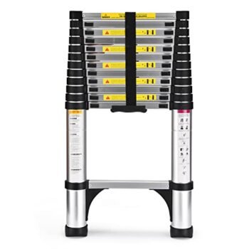 Telescoping Ladder, SocTone 12.5 FT Aluminum Lightweight Extension Ladder with 2 Triangle Stabilizers, Heavy Duty 330lbs Max Capacity, Multi-Purpose Collapsible Ladder for RV or Outdoor Work