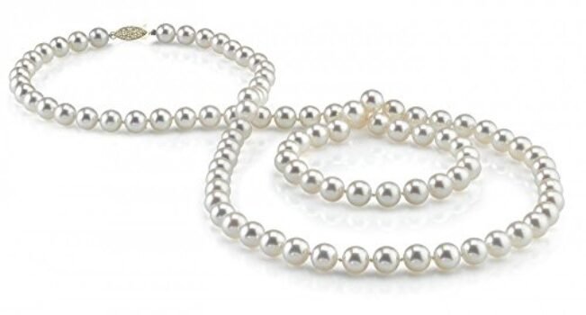THE PEARL SOURCE 14K Gold 7-8mm AAA Quality White Freshwater Cultured Pearl Necklace for Women in 36" Opera Length