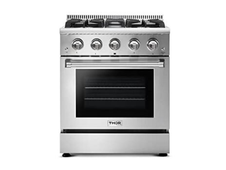 Thor Kitchen HRG3080U 30" Freestanding Professional Style Gas Range with 4.2 cu. ft. Oven, 4 Burners, Convection Fan, Cast Iron Grates, and Blue Porcelain Oven Interior, in Stainless Steel