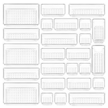 Vtopmart 25 PCS Clear Plastic Drawer Organizers Set, 4-Size Versatile Bathroom and Vanity Drawer Organizer Trays, Storage Bins for Makeup, Bedroom, Kitchen Gadgets Utensils and Office