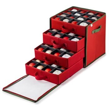 Zober Premium Large Christmas Ornament storage Box, with Side Open, Drawer Style Trays - 3" Compartment, 4 Trays, Keeps 64 Holiday Ornaments & Xmas Accessories, Storage Container Made Of Non Woven Fabric