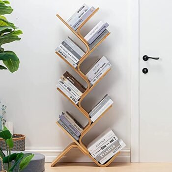 Bamboo Tree Bookshelf, 8-Tier Wood Bookcase Rack, Free Standing Book Storage Organizer Shelves, Books/Albums/Files Holder Display Storage Rack Space Saver for Living Room Bedroom-Log 55x23x5inch