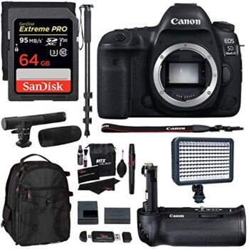 Canon EOS 5D Mark IV Full Frame Digital SLR Camera Body, Canon BG-E20 Grip, Sandisk Extreme 64GB U3 Card, Polaroid LED Video Light, Microphone, 72-inch Monopod, Ritz Gear Backpack & Accessory Bundle