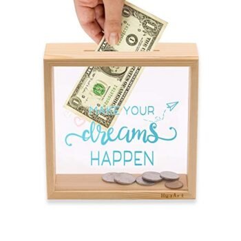 Piggy Banks for Adults, Decorative Shadow Box Wooden Frame, Coin Bank Money Bank, Sized 6.5x6.5x2.2 Inch, Natural Wood Money Box, Printed on The Plexiglass Front-Make Your Dreams Happen.