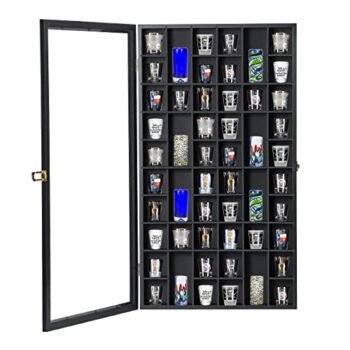 Shot Glass Display Case Large Wooden Cabinet Rack Holder Wall Mounted Black Shadow Box Lockable with UV Protection Acrylic Glass Door Shot Glass Storage Case with Removable Shelves, 17"x32", 52 Slots