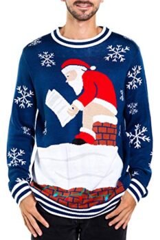 Tipsy Elves Men's Blue Santa Log on The Fire Ugly Christmas Sweater Size Large