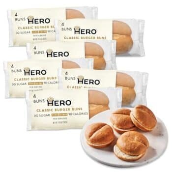 Hero Classic Hamburger Buns - Delicious Keto Burger Buns | Net Low Carb Buns | High Fiber, 0g Net Carbs, 0g Sugar & 90 Calories Per Serving Burger Rolls (24 Buns, Pack of 6)